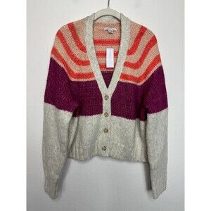 American Eagle XL Striped Cardigan Pink Tan V-Neck Button Front Cropped Knit NWT